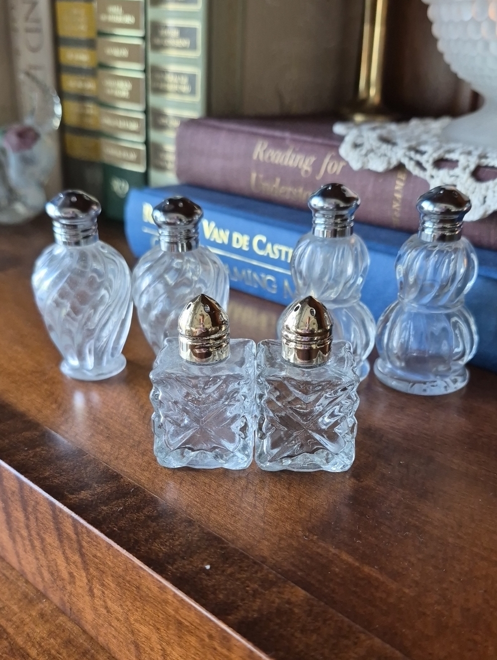 3 Sets Vintage Clear Glass Salt & Pepper Shakers with Gold Tops - Home Accents